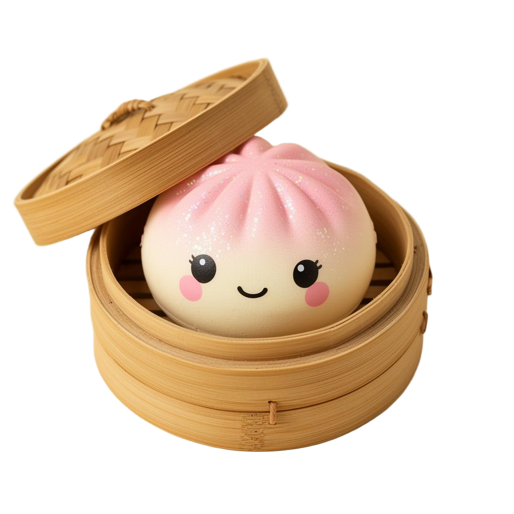 Squish Bao squishy dumpling toy in a bamboo steamer box